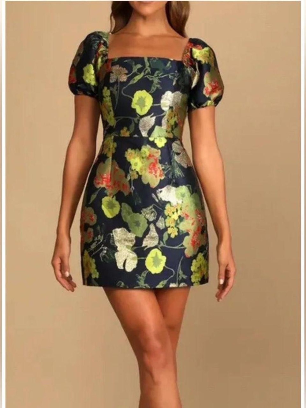 Lulus So Stunning Navy Blue Floral Jacquard Puff Sleeve Mini Dress
